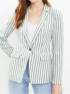 LOFT Striped Sage Green & White Women's Linen Blazer Jacket Lined NWOT Size 12